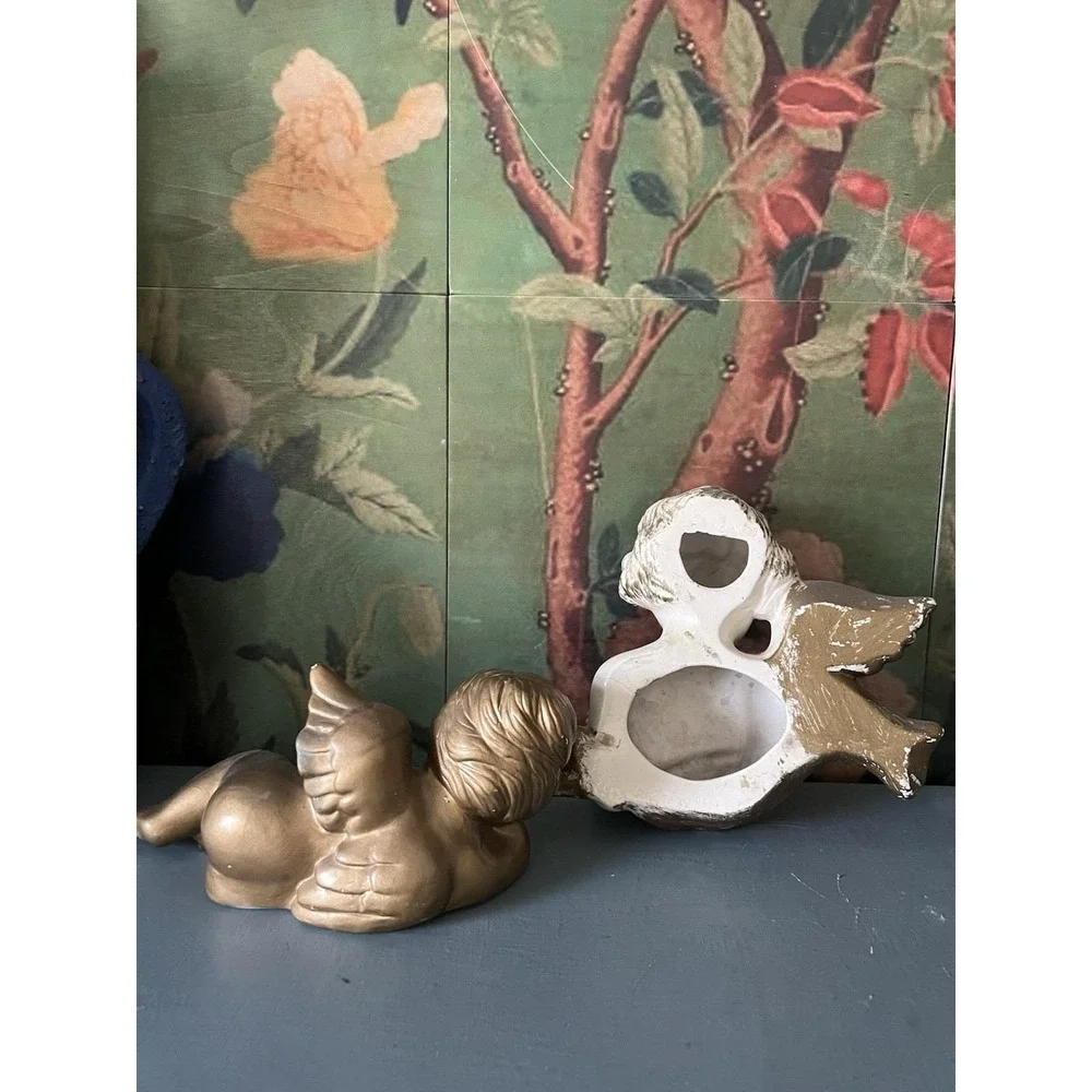 Vintage 90's Gold Painted Cherub Angel Figurines